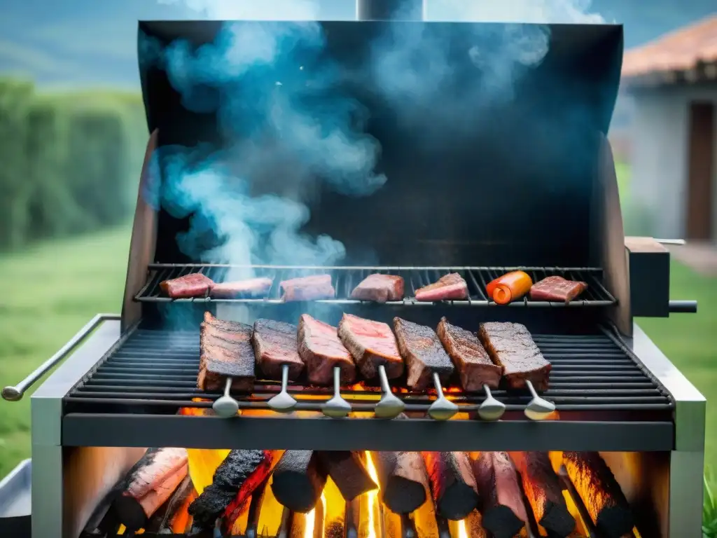 Un asado uruguayo tradicional con certificaciones asado uruguayo maestría: asadores expertos, grill sizzling y aroma tentador bajo cielo azul