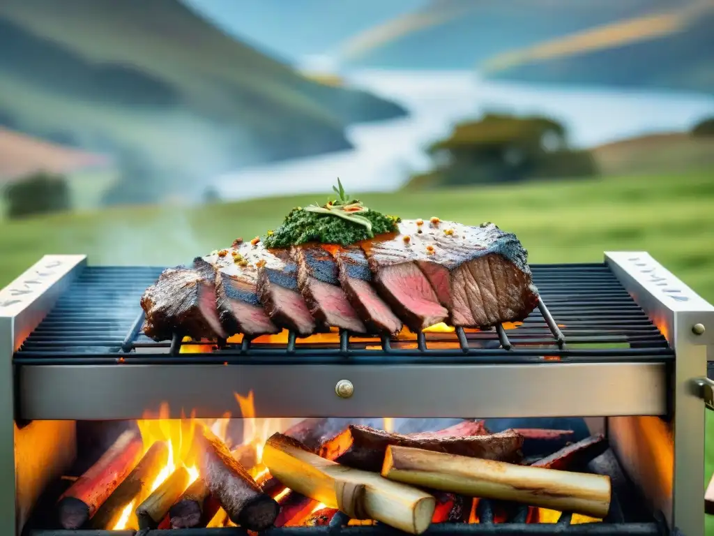 Un asado uruguayo tradicional con chimichurri, carne jugosa y paisaje campestre