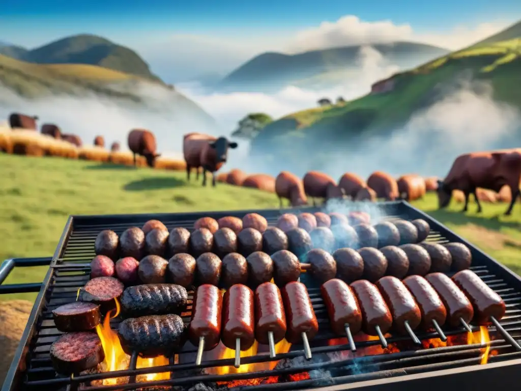 Un asado uruguayo tradicional con churrasco, morcilla y chorizos, rodeado de gente en un entorno campestre