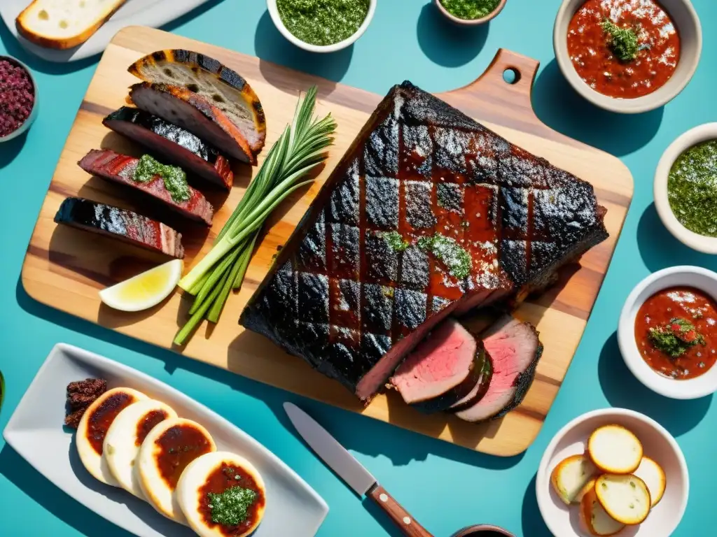 Un asado uruguayo tradicional con churrasco, morcilla y chorizo en la parrilla, chimichurri, pan y verduras