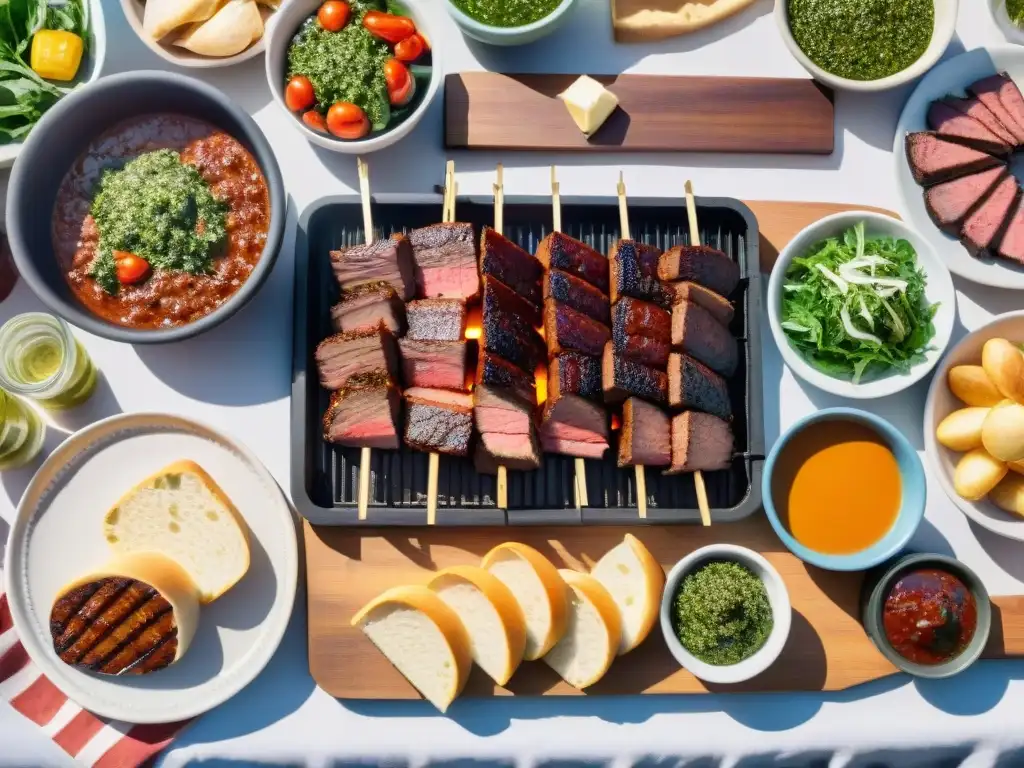 Un asado uruguayo tradicional con churrasco, morcilla y chorizo, acompañado de chimichurri y vino Tannat