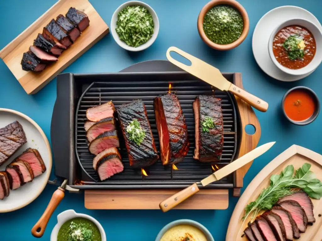 Un asado uruguayo tradicional con churrasco, morcilla y chorizo en una parrilla de leña