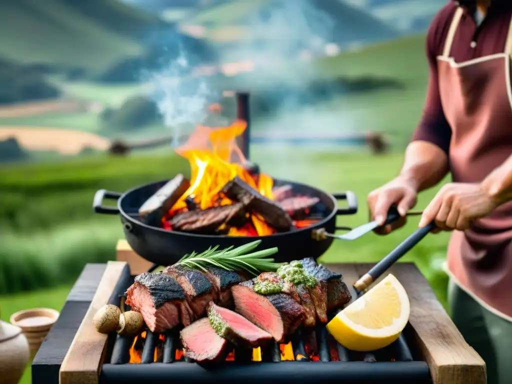 Un asado uruguayo tradicional cocinado a leña en el campo, con gauchos expertos