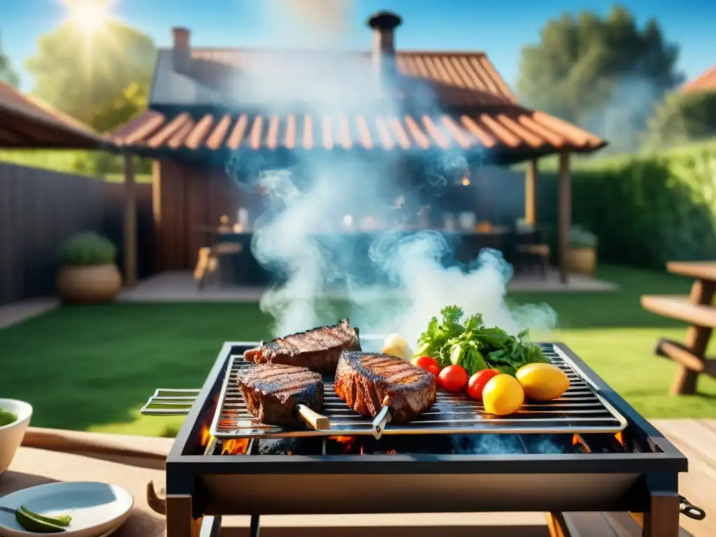 Un asado uruguayo tradicional cocinado con energía solar en un día soleado, rodeado de deliciosos platillos y una mesa lista para la familia