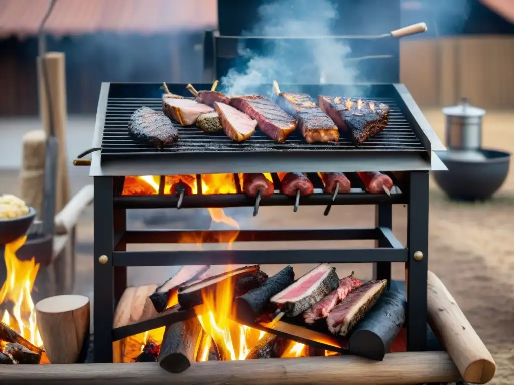 Un asado uruguayo tradicional cocinado a la parrilla, rodeado de mesas rústicas listas para una fiesta al aire libre