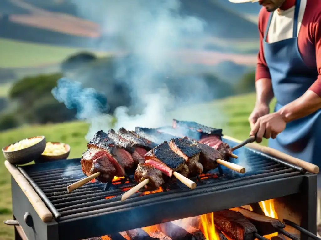 Un asado uruguayo tradicional se prepara con maestría en las colinas verdes