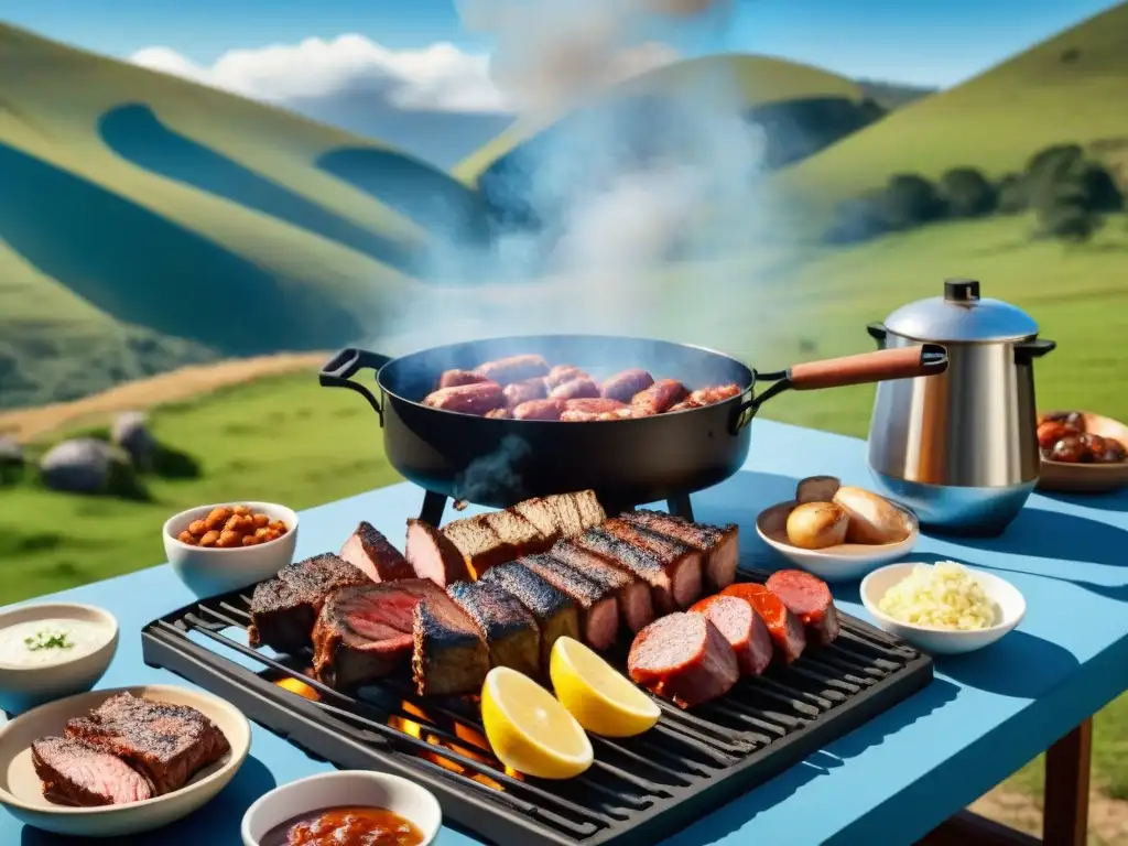 Un asado uruguayo tradicional en las colinas, con amigos y familia disfrutando juntos