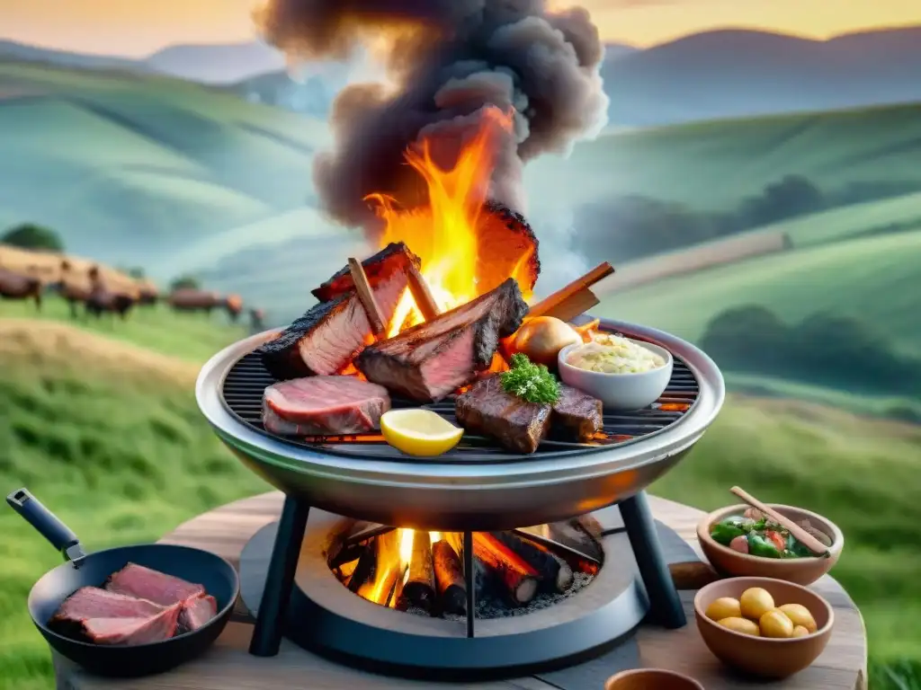 Un asado uruguayo tradicional en las colinas verdes, con amigos y familia disfrutando