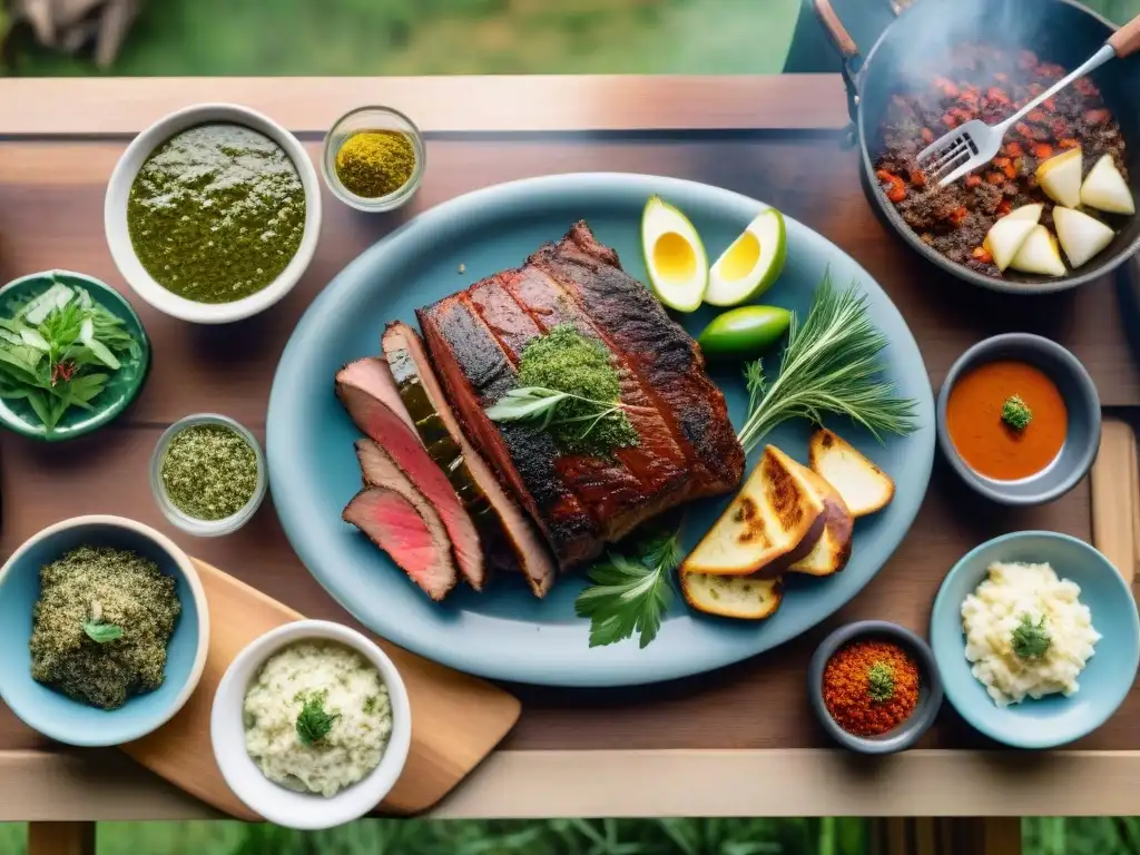 Un asado uruguayo tradicional con condimentos y paisajes campestres, resaltando los colores y texturas