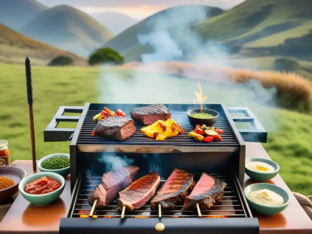 Un asado uruguayo tradicional con condimentos vibrantes y paisaje campestre de fondo