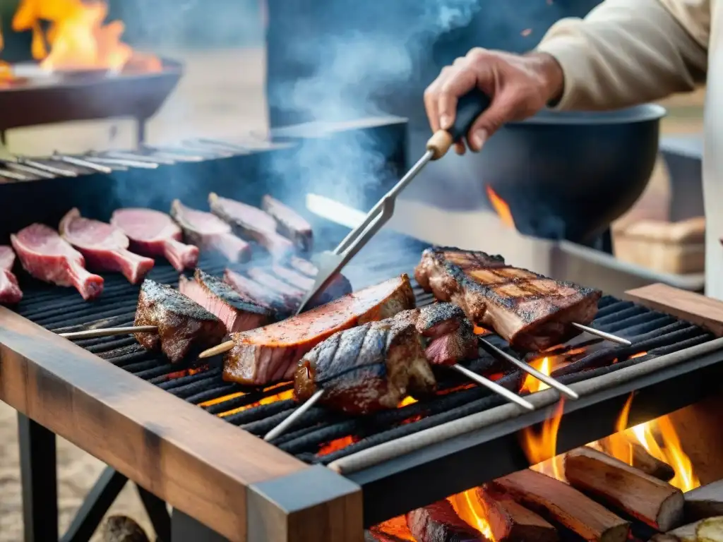 Un asado uruguayo tradicional con cortes de carne sobre brasas, un asador experto y amigos disfrutando