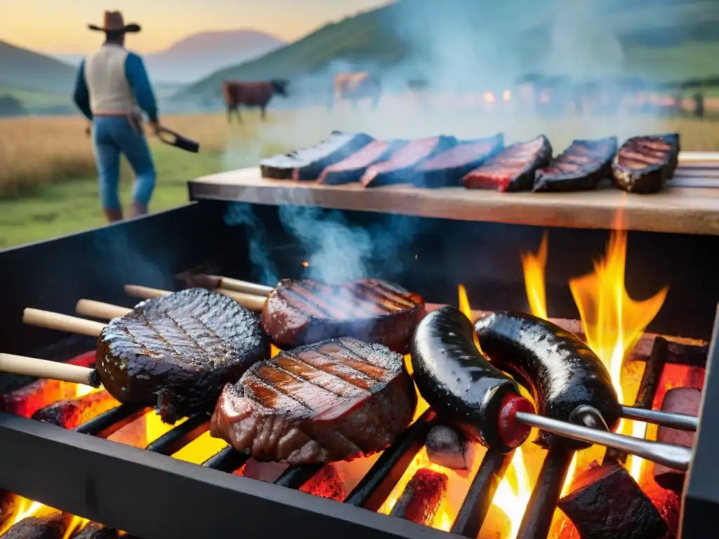 Un asado uruguayo tradicional con cortes de carne, chorizos y morcillas cocinándose en una parrilla, guiado por un gaúcho