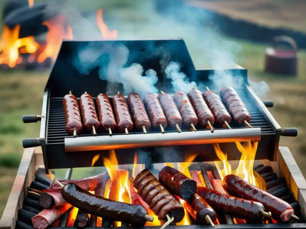 Un asado uruguayo tradicional con cortes de carne, chorizos y morcillas en un entorno campestre