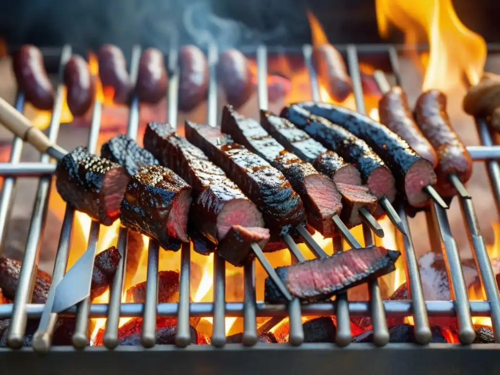 Un asado uruguayo tradicional con cortes jugosos y sabrosos, cocinándose a la perfección sobre brasas ardientes al atardecer