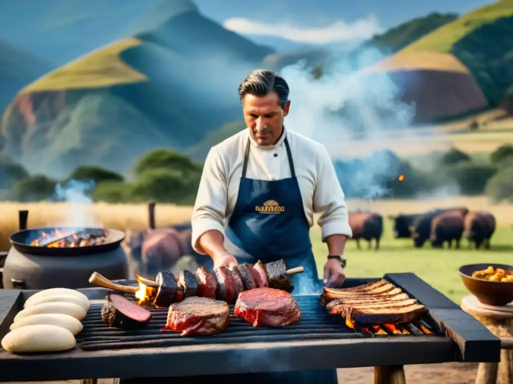 Un asado uruguayo tradicional: cortes de carne cocinándose a la parrilla mientras gauchos supervisan con destreza