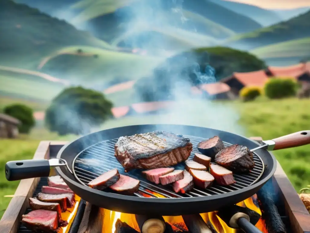 Un asado uruguayo tradicional con cortes premium sizzling y un asador experto en un entorno campestre