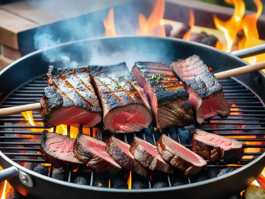 Un asado uruguayo tradicional con cortes de carne uruguaya asado, gauchos y ambiente rústico