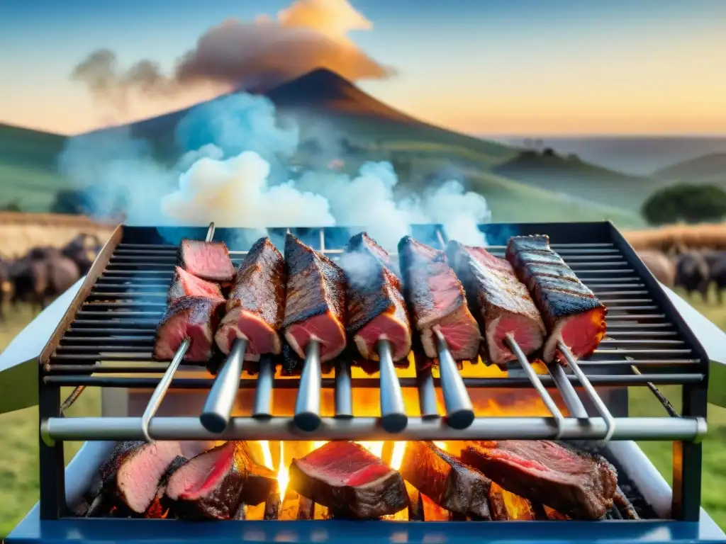 Un asado uruguayo tradicional con cortes de carne uruguaya premium, gauchos y paisaje campestre