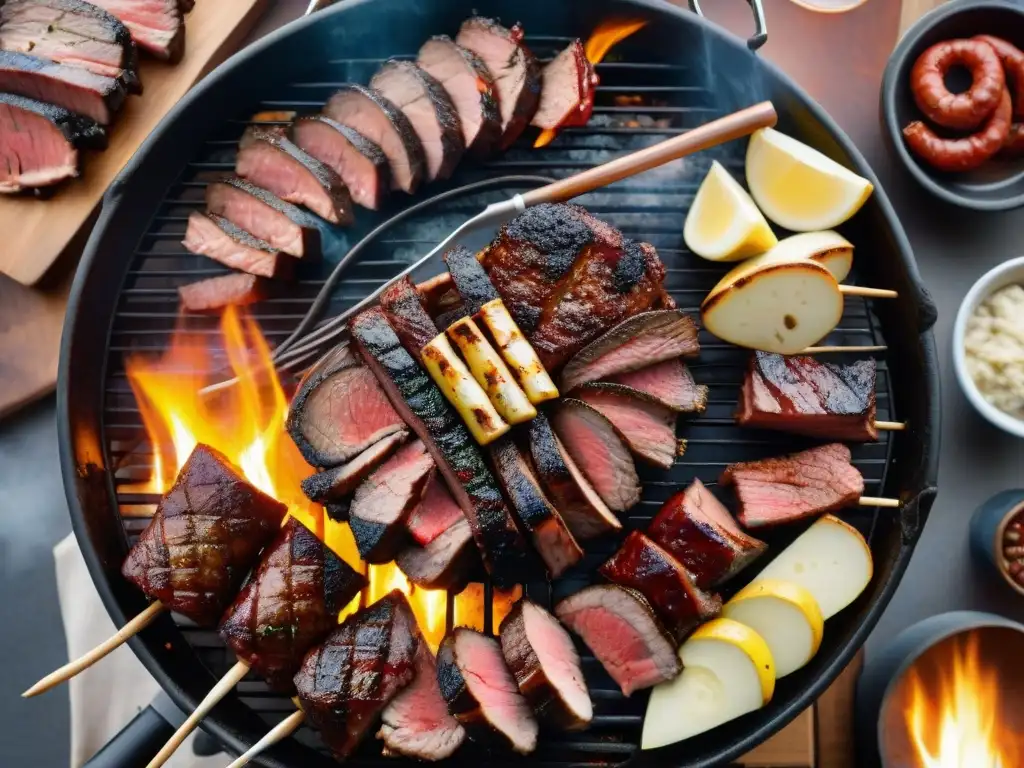 Un asado uruguayo tradicional con cortes de carne uruguaya asado sobre brasas, humo y decoración rústica