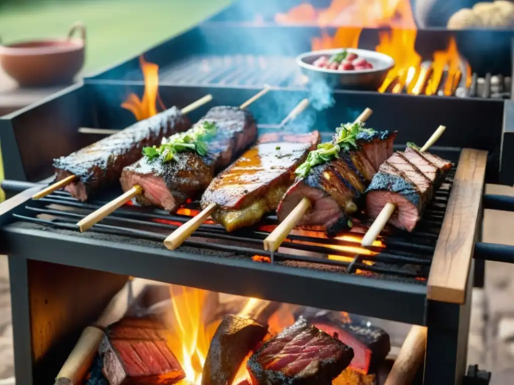 Un asado uruguayo tradicional con cortes de aves suculentos sobre brasas, en un entorno rústico con gauchos y recetas de cortes de aves