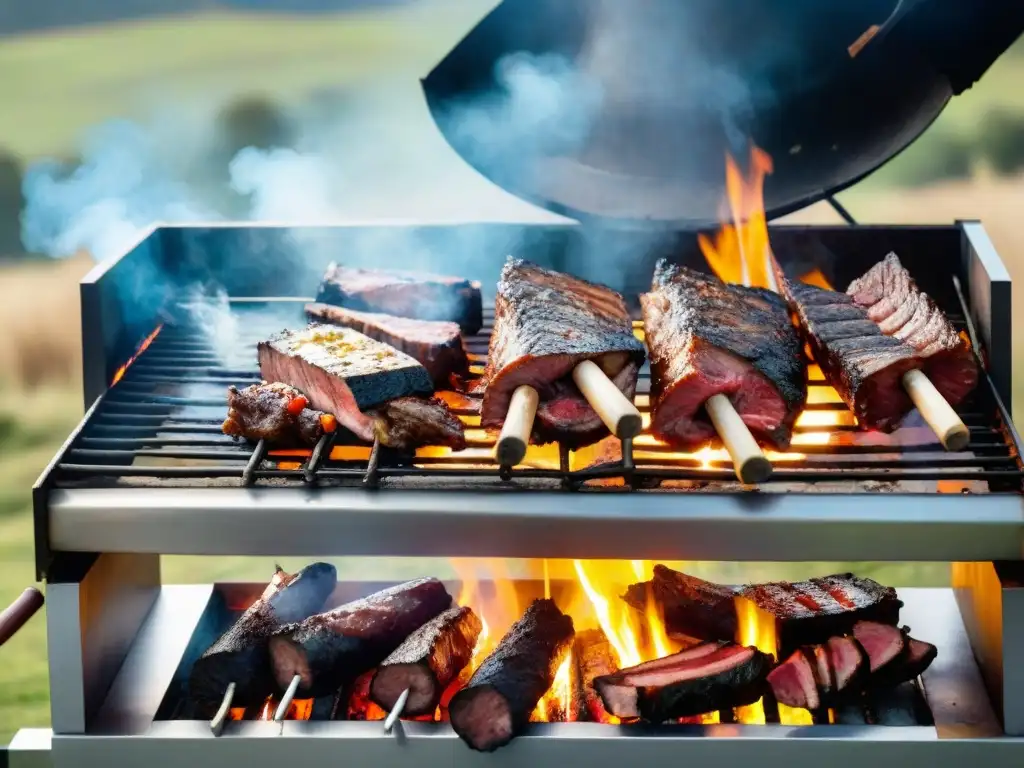 Un asado uruguayo tradicional con cortes de carne y parrillero experto