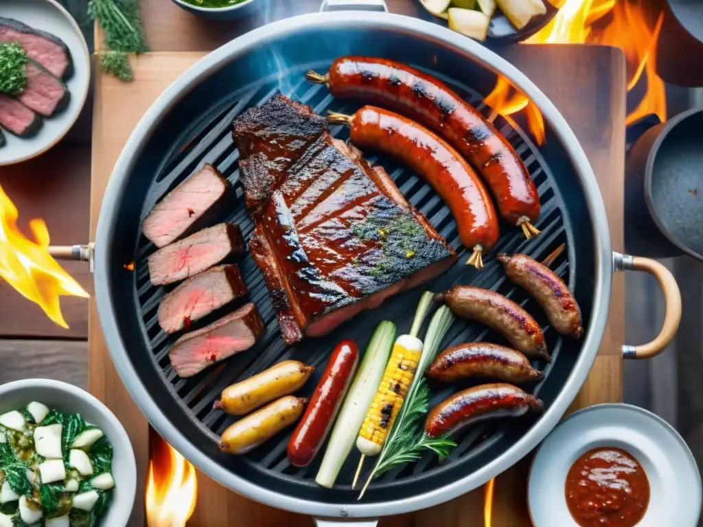 Un asado uruguayo tradicional con cortes jugosos y chorizos en una parrilla al aire libre, rodeado de ingredientes frescos y chimichurri