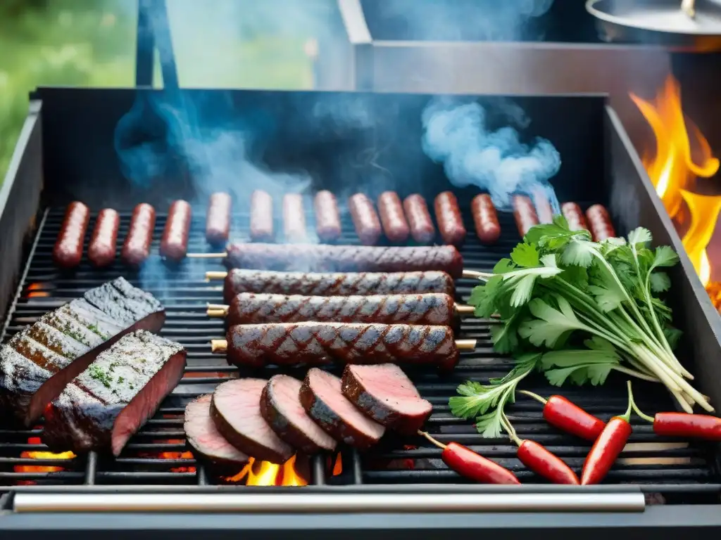 Un asado uruguayo tradicional con cortes jugosos, chorizos y morcilla, rodeado de hierbas frescas