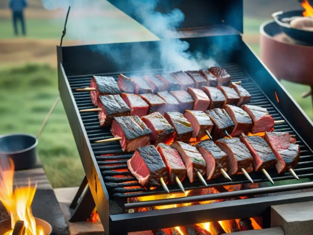 Un asado uruguayo tradicional con cortes premium de carne importada, rodeado de un paisaje campestre pintoresco