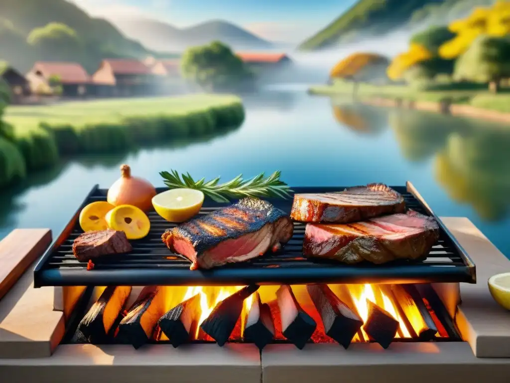 Un asado uruguayo tradicional con cortes de carne y salsas tradicionales, en un paisaje ribereño sereno