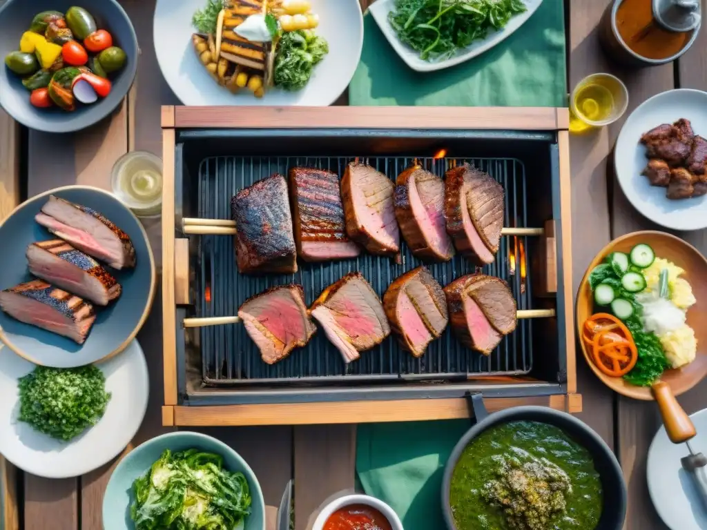 Exquisito asado uruguayo: amigos, carne y chimichurri Un asado uruguayo tradicional con cortes magros y chimichurri rodeado de amigos en un día soleado