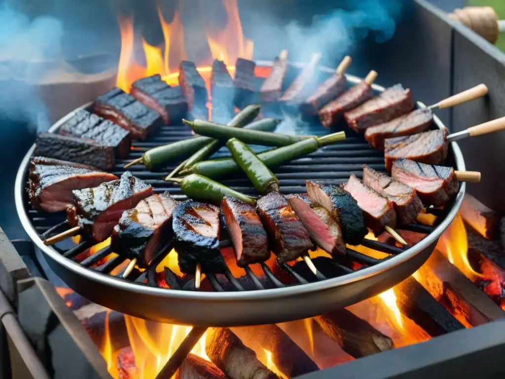 Un asado uruguayo tradicional con cortes de carne cocinándose en una parrilla, chimichurri verde brillante y humo bajo el cielo azul