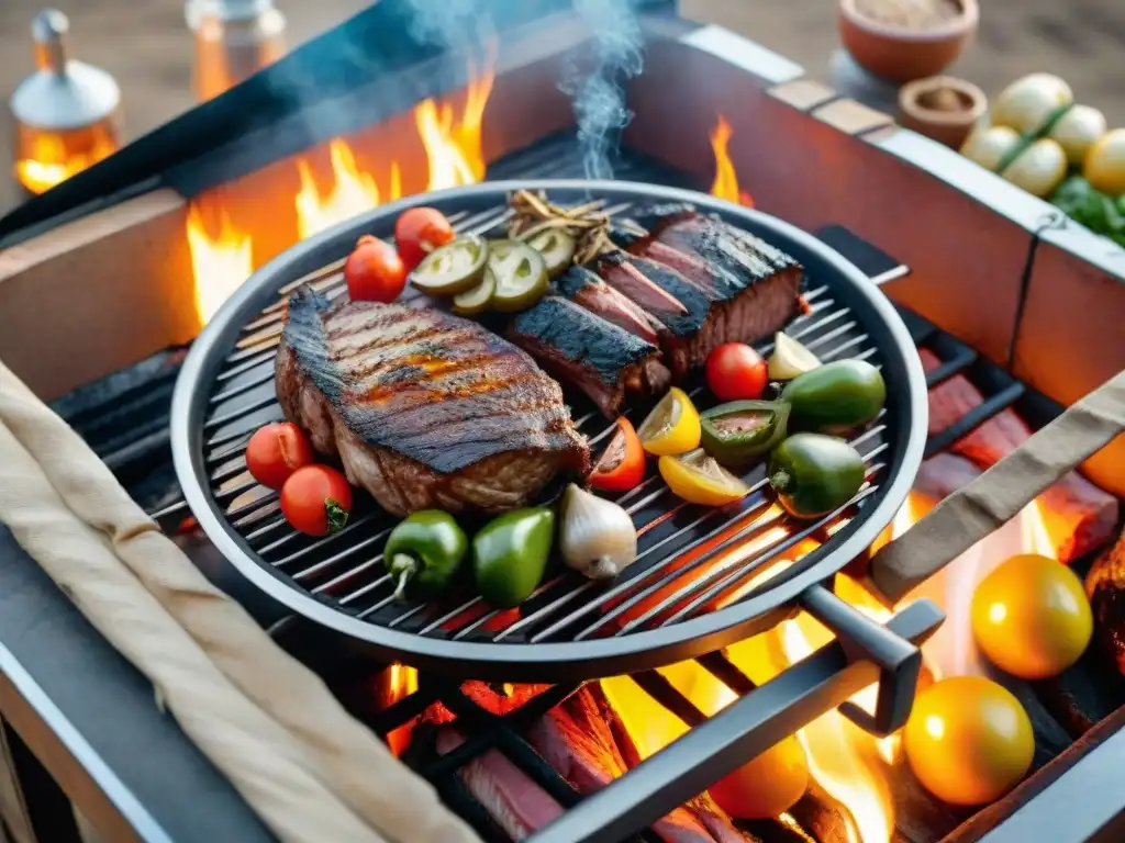 Un asado uruguayo tradicional con cortes de carne y vegetales, bañados por la cálida luz del atardecer