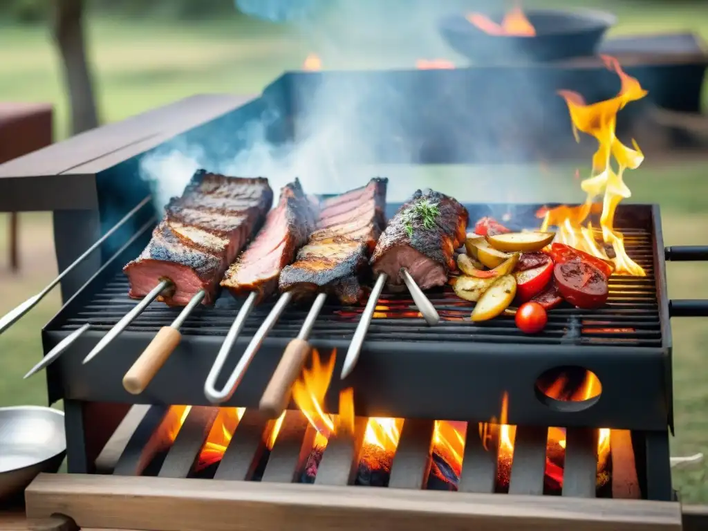 Un asado uruguayo tradicional con cortes de carne cocinándose a la perfección en una parrilla, acompañado de salsa criolla