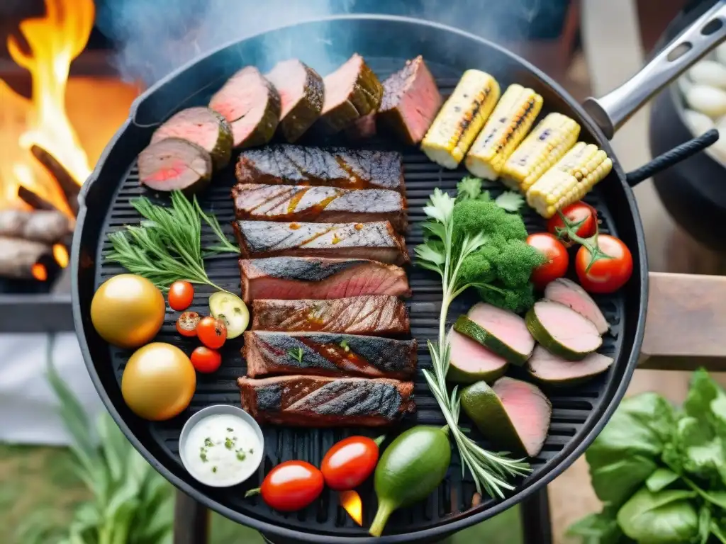 Un asado uruguayo tradicional con cortes de carne, hierbas frescas y especias coloridas, en un entorno campestre