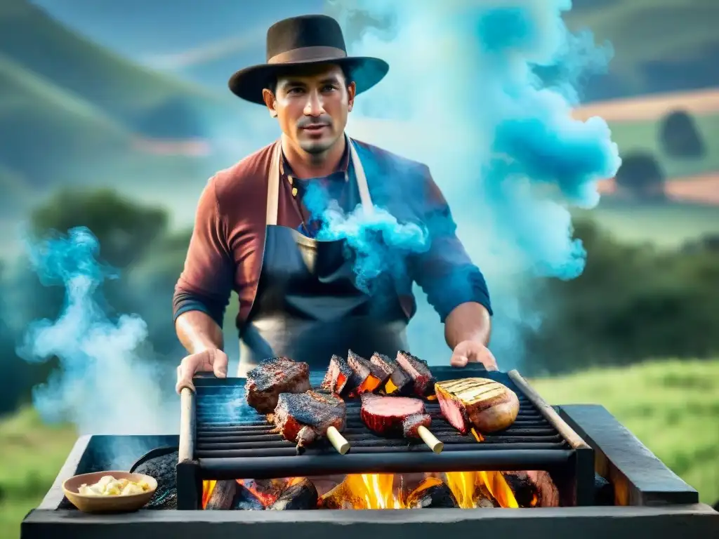 Un asado uruguayo tradicional con cortes de carne al fuego, un gaucho cocinando y un paisaje campestre