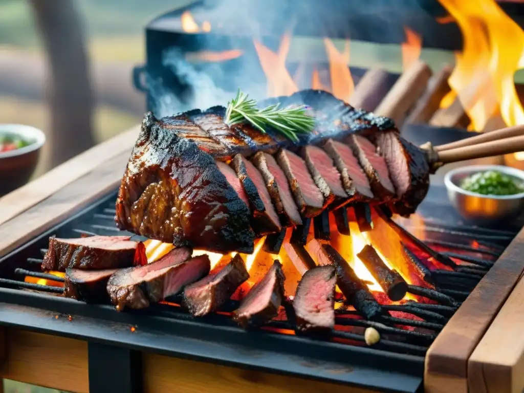 Un asado uruguayo tradicional con cortes de carne, chorizo, chimichurri y vino Tannat