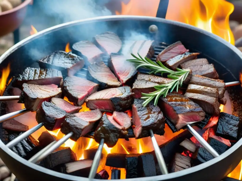 Un asado uruguayo tradicional con cortes de carne menos grasos, cocinando a la parrilla sobre brasas ardientes en una escena rústica de campo