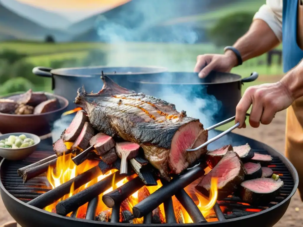 Un asado uruguayo tradicional con cortes de cordero jugosos a la parrilla, técnicas asado cordero uruguayo