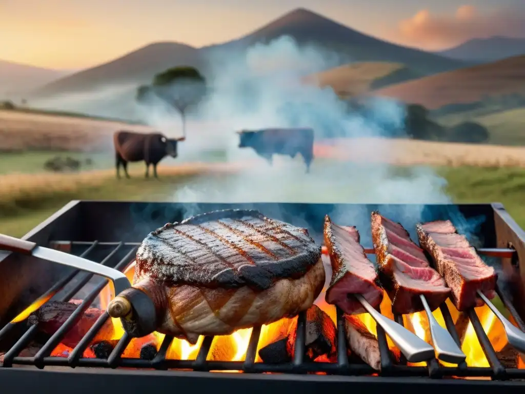 Un asado uruguayo tradicional con cortes de carne sizzling en la parrilla al atardecer