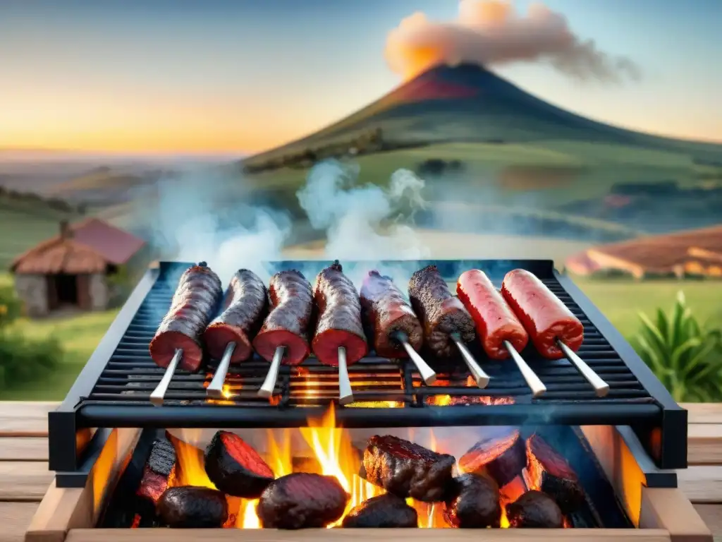 Un asado uruguayo tradicional con cortes de carne sizzling y un paisaje campestre al atardecer, reflejando técnicas de asado uruguayo