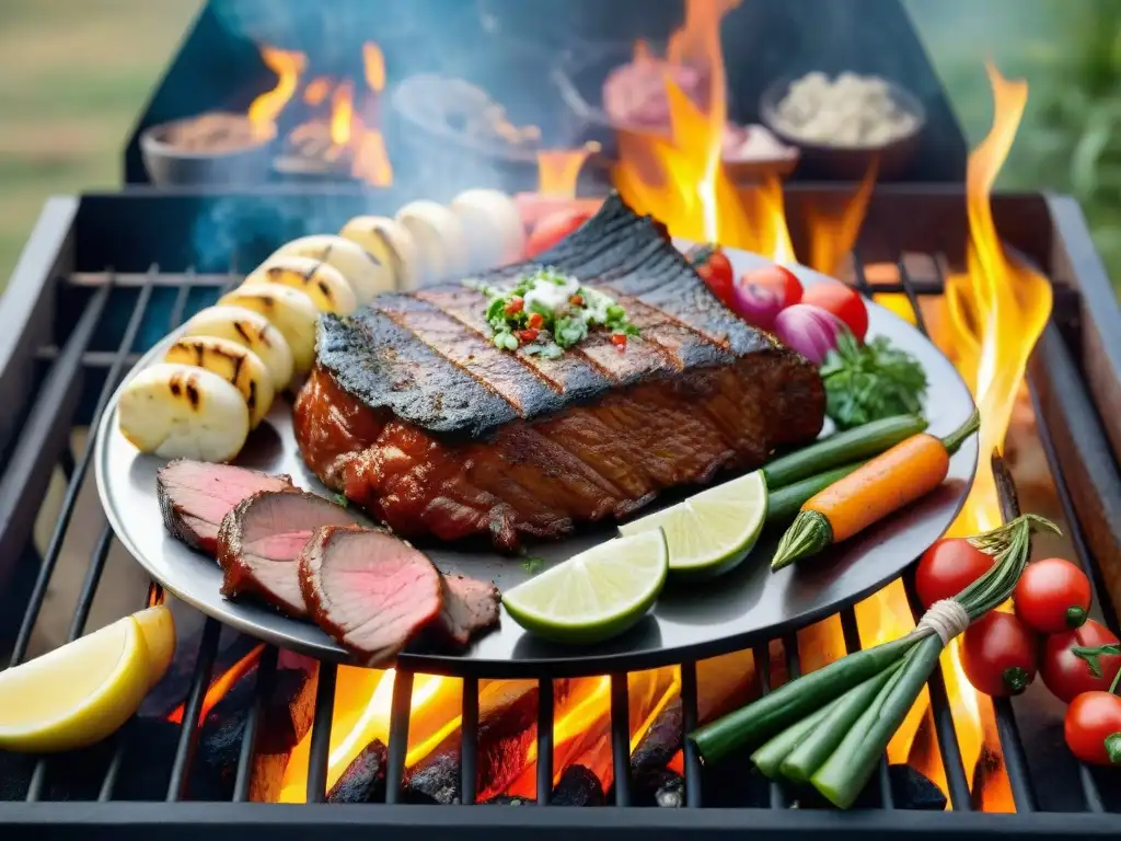 Un asado uruguayo tradicional con creatividad en la parrilla; carnes, vegetales y hierbas coloridas