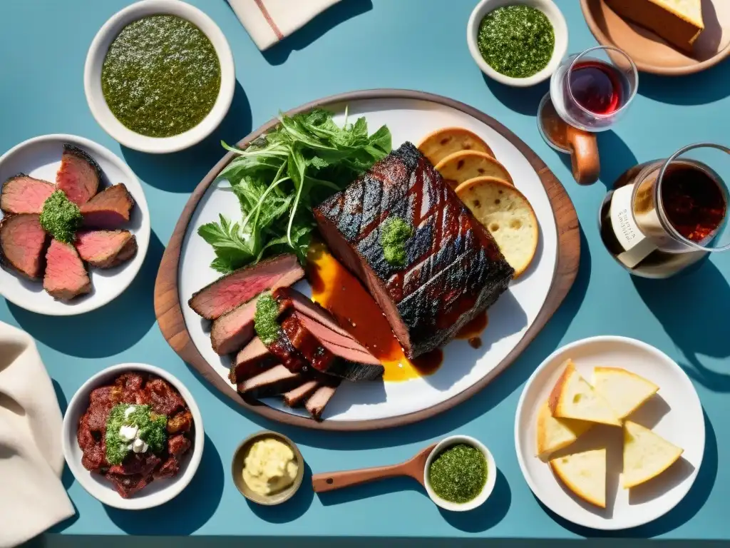 Un asado uruguayo tradicional con deliciosas carnes a la parrilla, chimichurri y vino Tannat al atardecer