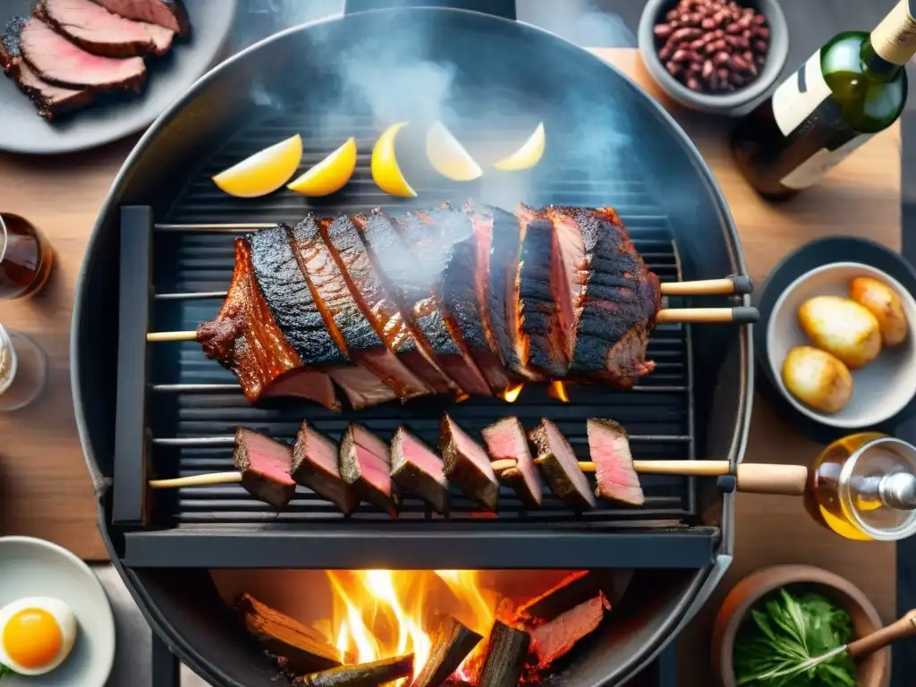 Un asado uruguayo tradicional con destilados locales maridados, capturando la esencia del maridaje destilados uruguayos asado