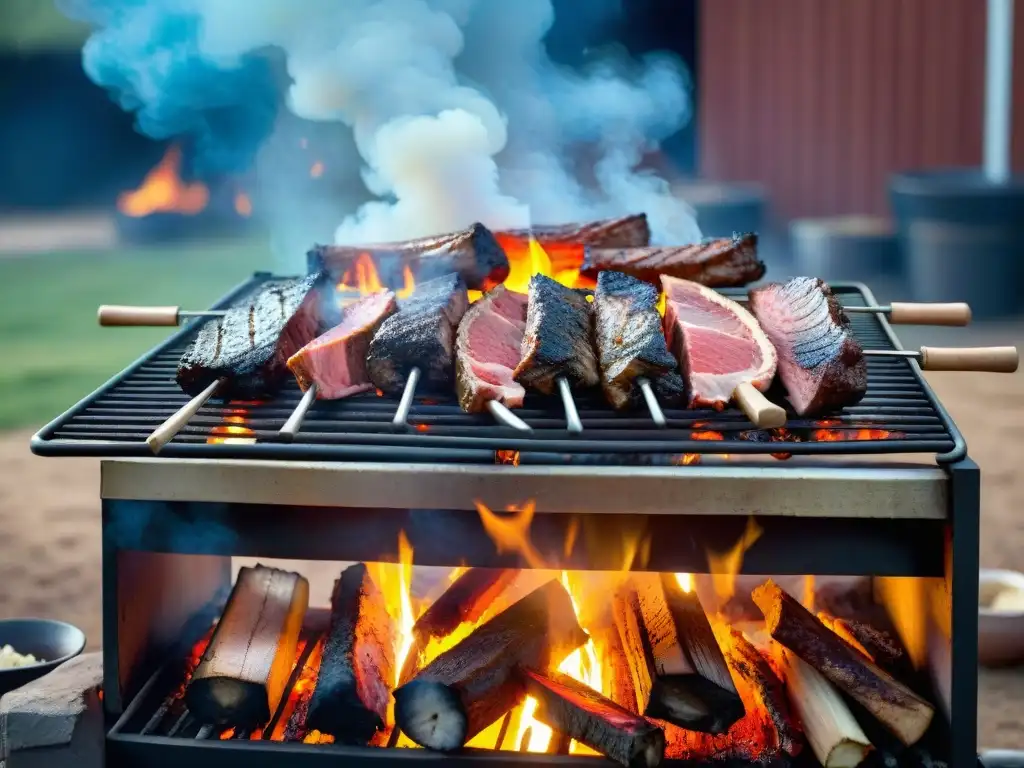 Un asado uruguayo tradicional en detalle, con carnes sizzling y humo en el cielo azul