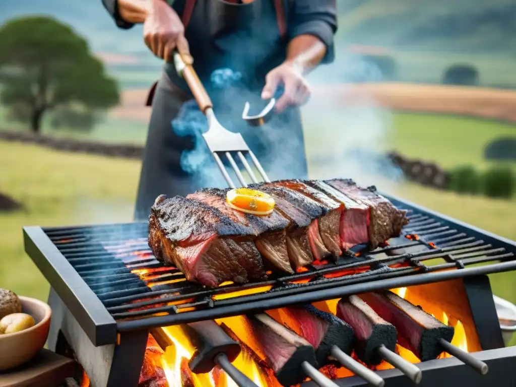 Un asado uruguayo tradicional en detalle: Cortes de carne uruguaya asado sobre brasas, gaucho chef y paisaje campestre