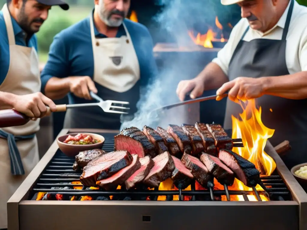 Un asado uruguayo tradicional en detalle, parrilleros expertos compartiendo secretos del asado