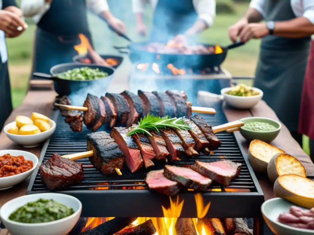 Un asado uruguayo tradicional en detalle, con amigos y familia en una celebración