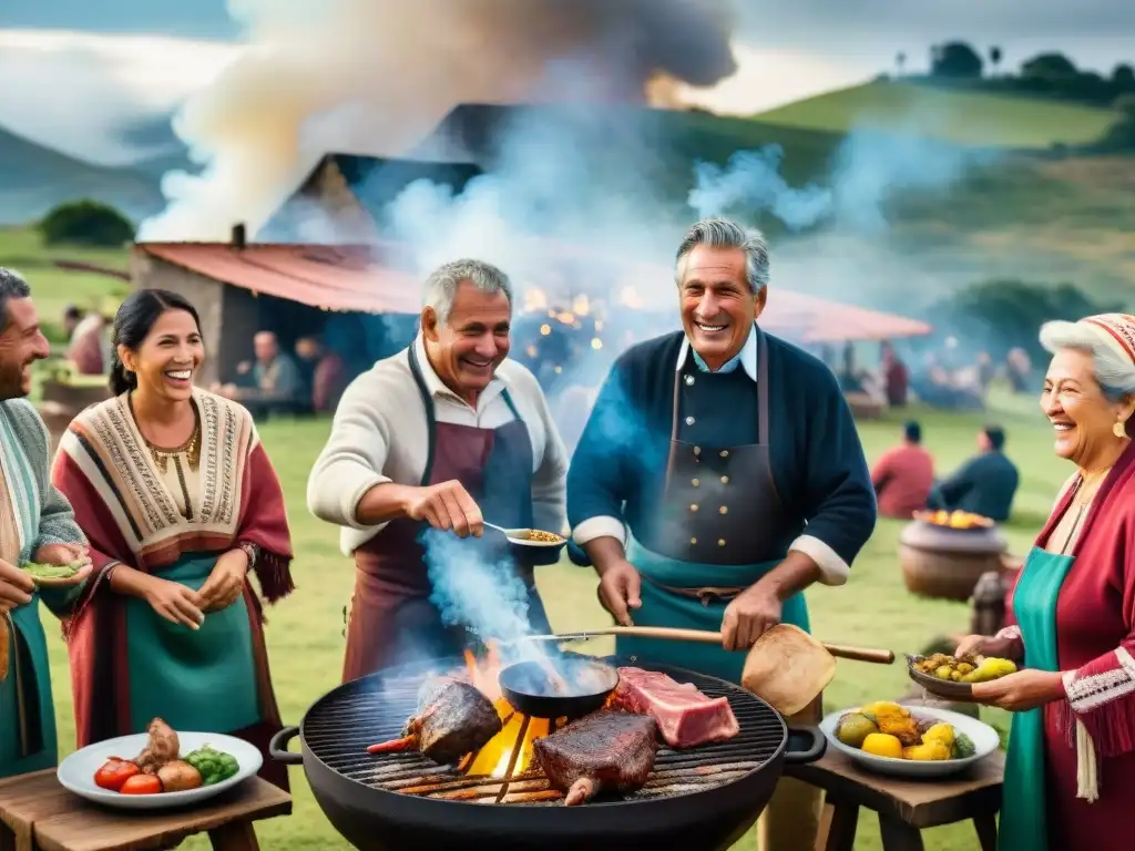 Un asado uruguayo tradicional con diversidad cultural en un entorno campestre pintoresco