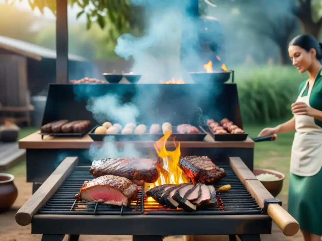 Un asado uruguayo tradicional en un entorno rústico, con prácticas sostenibles y una atmósfera comunitaria