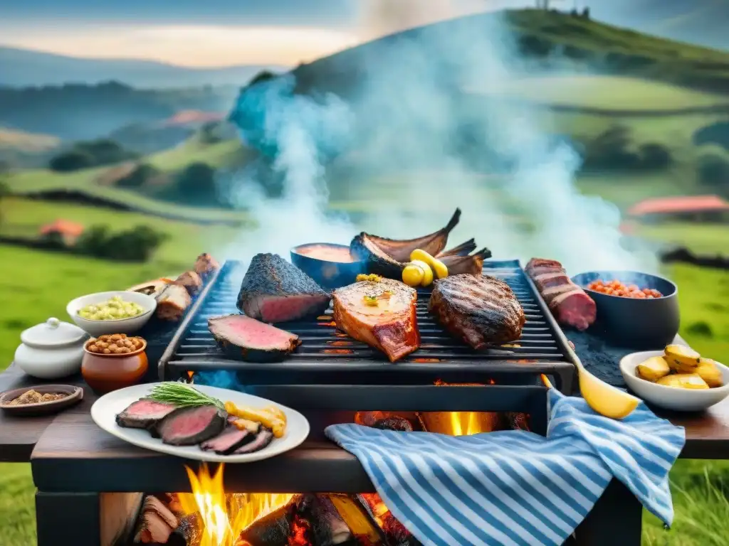 Un asado uruguayo tradicional en un entorno rústico al aire libre, rodeado de amigos y familiares disfrutando de la comida